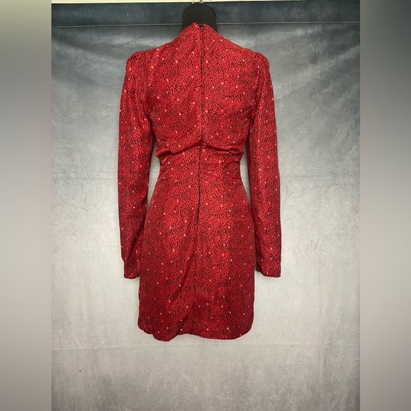 Red animal print Black Lined Cocktail Ruched Long Sleeve Mini Dress - Picture 6 of 8
